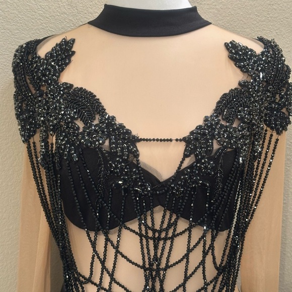 QUEEN MANIA MINI Black Mesh Dress Embellished with Black Faceted Beads SZ M NWOT - Picture 6 of 14